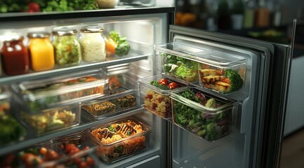 Open refrigerator filled with fresh vegetables, fruits, and prepared meals in various containers, highlighting healthy eating habits.