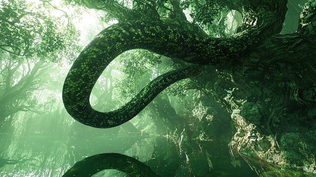   A snake in a forest, with its reflection in water and trees surrounding