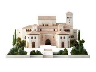 Fototapeta premium Detailed architectural model of historic castle with towers, greenery, and pathways, showcasing medieval design and intricate craftsmanship.