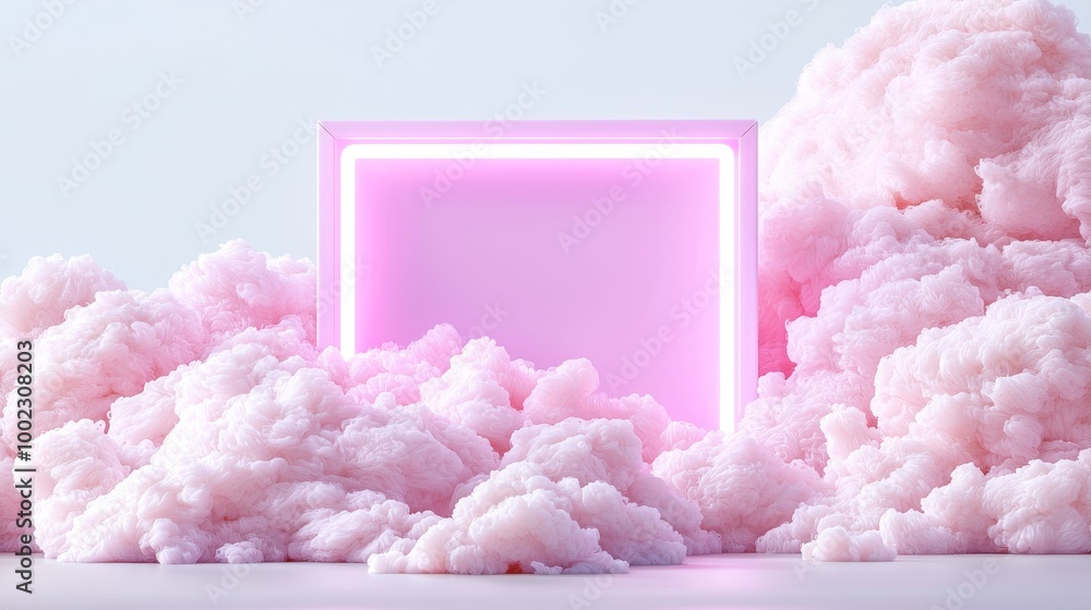 Poster simple geometric wallpaper with 3d renderings of pastel clouds and a linear square frame glowing wit