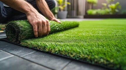 Person installing artificial grass in a garden. Close-up of hands rolling out green turf, transforming outdoor space with lawn installation.