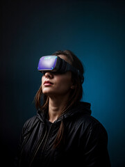 Futuristic woman in VR headset bathed in neon light. Cyberpunk aesthetic meets cutting-edge technology