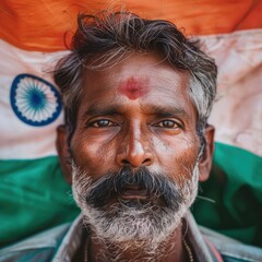 A close-up portrait of an Indian man with the national flag in the background.