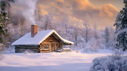 A Cozy Log Cabin nestled in a Snowy Winter Wonderland