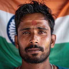 Fototapeta premium A close-up portrait of an Indian man with the national flag in the background.