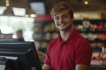 Smiling Young Man Wearing Red Polo Shirt In A Retail Store