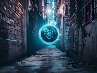 Glowing Bionic Eye Illuminating a Dark Urban Alley with Futuristic Night Vision Technology