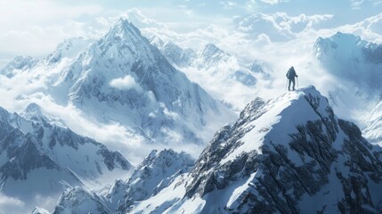 Obraz premium Solitary Figure on a Snow-Capped Mountain Peak