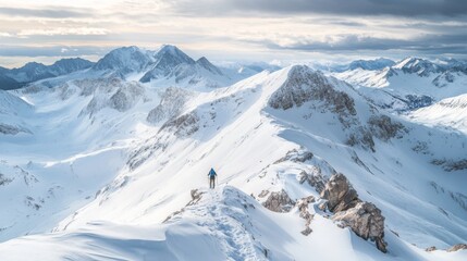 Fototapeta premium A lone hiker on a snowy mountain ridge with a panoramic view of a vast snow-covered mountain range under a cloudy sky.