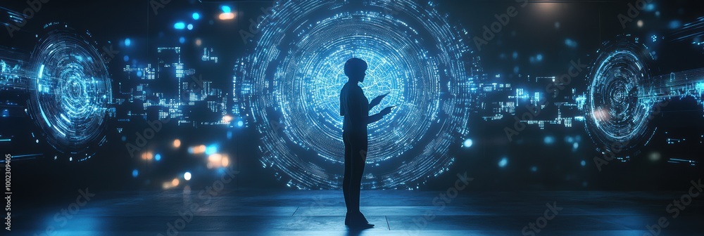 Aufkleber A professional engages with floating holographic data and neural networks in a futuristic workspace during a technological conference. Generative AI