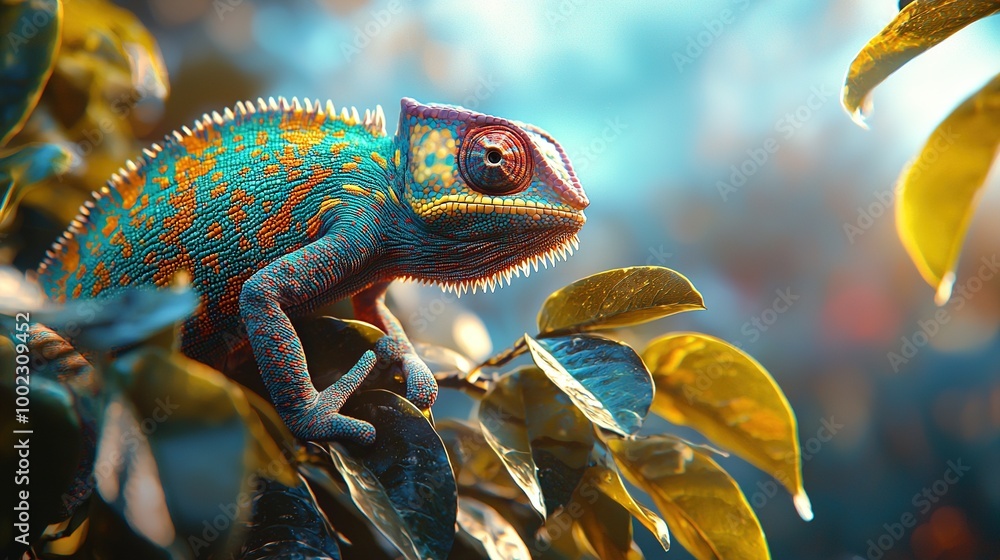 Poster a close-up of a chameleon on a branch with foliage in the foreground and a blue sky behind it
