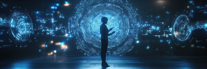 A professional engages with floating holographic data and neural networks in a futuristic workspace during a technological conference. Generative AI