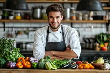 A Smiling Chef with Fresh Vegetables in a Kitchen Setting