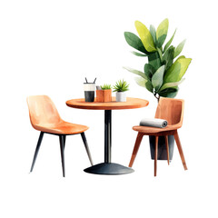 Modern dining setup with wooden table, two chairs, and green indoor plants. Cozy and stylish interior design for homes or cafes.