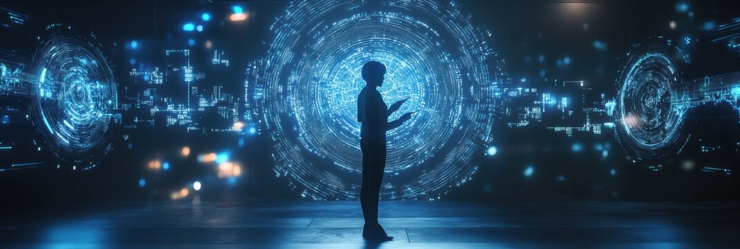 A professional engages with floating holographic data and neural networks in a futuristic workspace during a technological conference. Generative AI