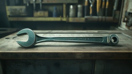 A Close-Up of a Worn Wrench on a Wooden Workbench