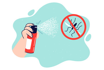 Spray for protection against mosquitoes in hand, near crossed out insect dying from insecticide