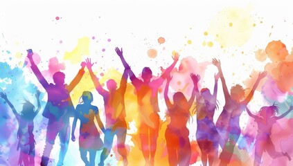 Colorful background with silhouettes of people celebrating on white background, watercolor vector illustration. Vector Illustration.