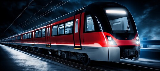 Fototapeta premium Nighttime urban transit system with a modern red train on tracks at a city station