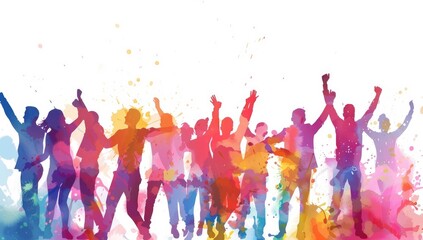Colorful background with silhouettes of people celebrating on white background, watercolor vector illustration. Vector Illustration.