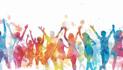 Colorful background with silhouettes of people celebrating on white background, watercolor vector illustration. Vector Illustration.