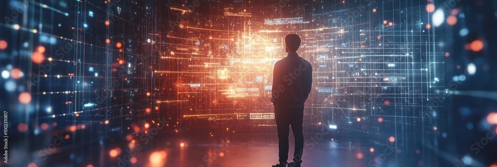 Fototapete cybersecurity expert analyzes glowing encrypted codes and firewalls within a virtual data environmen