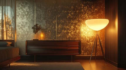 A well-appointed Art Moderne guest bedroom with reflective metallic wallpaper