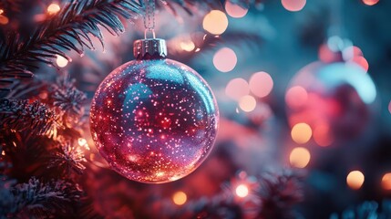 Christmas decorations with glowing holographic ornaments and futuristic neon holiday lights  Futuristic  Neon  High Detail