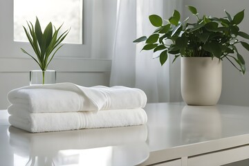A white towel is laying on a  table. The towel is folded in half and placed on the ceramic table.. The towel is next to a potted plant and a vase.