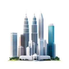 Fototapeta premium Skyline view of modern skyscrapers and iconic towers in a bustling city, showcasing cutting-edge architecture and urban development.