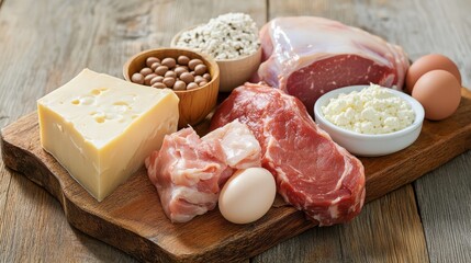 Selection of protein-rich foods on a wooden board including meat, cheese, eggs, beans, and cottage cheese. Ideal for nutrition and health concepts.