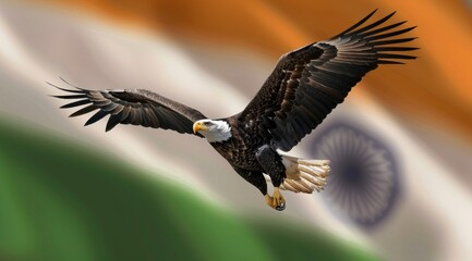 Obraz premium A bald eagle perched on an Indian flag, with fireworks in the background, in a realistic photo style, colorful and detailed, with vibrant colors,