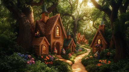 Fototapeta premium A whimsical paper-cut village of tiny gnome houses nestled among towering trees, winding paths connecting the houses, vibrant flowers and lush greenery,