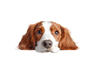 Adorable brown and white spaniel dog headshot isolated on white background, showcasing expressive eyes and soft fur.