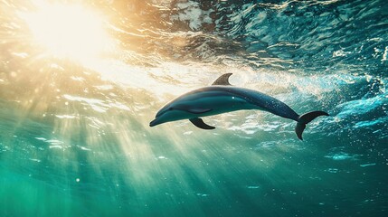 Fototapeta premium A dolphin gracefully swims in the brightly lit ocean, with its head above the water's surface and the sun shining down on its back