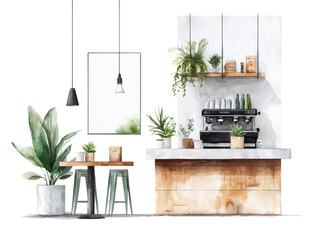 Modern minimalist coffee shop with lush indoor plants, cozy seating, and a stylish espresso machine setup.