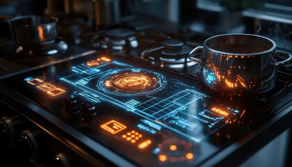 Cooking at home with futuristic kitchen tools and glowing digital recipe instructions  Futuristic  Minimalist  High Detail