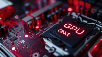 Close-up of mainboard of graphics card with GPU text in red glowing neon, tech concept background.