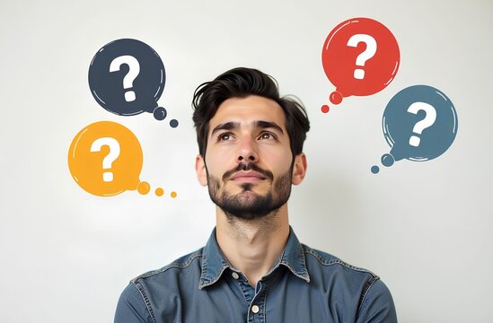A thoughtful bearded man looks up at a light background, pondering the solution of questions
