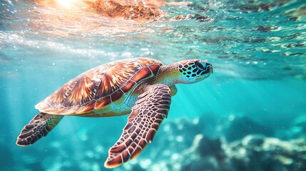 Fototapeta premium A turtle swims in sunlit water, its back illuminated by the sun