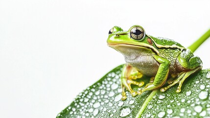 Fototapeta premium A close-up photo of a frog perched on a leaf with droplets of water on its surface, against a pure white backdrop