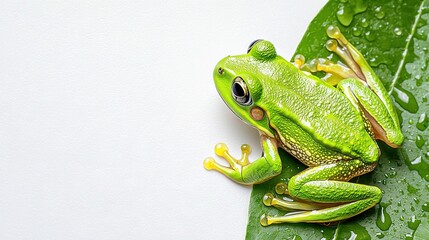 Fototapeta premium A close-up image of a frog perched on a leaf with water droplets on its back, against a white wall in the background