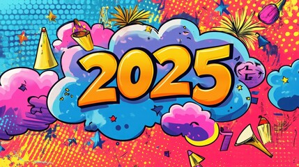 Banner New Year 2025 in pop art and comics book style.