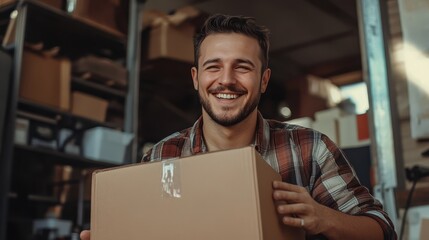 Smiling man holding a cardboard box in a warehouse, appearing happy and satisfied with his work, ready for delivery or shipping.