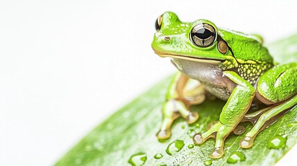 Obraz premium A close-up of a frog on a leaf with water droplets on its back against a white background