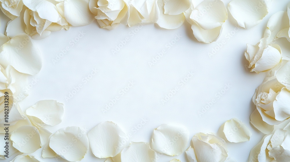 Poster white background with white flowers in a circular arrangement on the bottom of an image