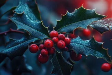Close-up of Red Berries and Dew-Covered Holly Leaves