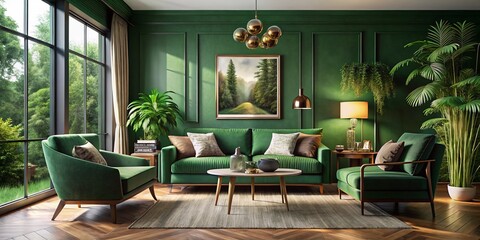 A refined forest green aesthetic showcases modern furnishings and organic elements, crafting a snug and welcoming