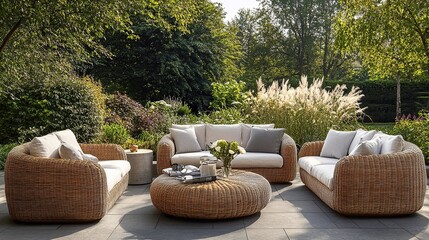 Chic outdoor terrace with comfortable rattan sofa and table and green trees in the background.