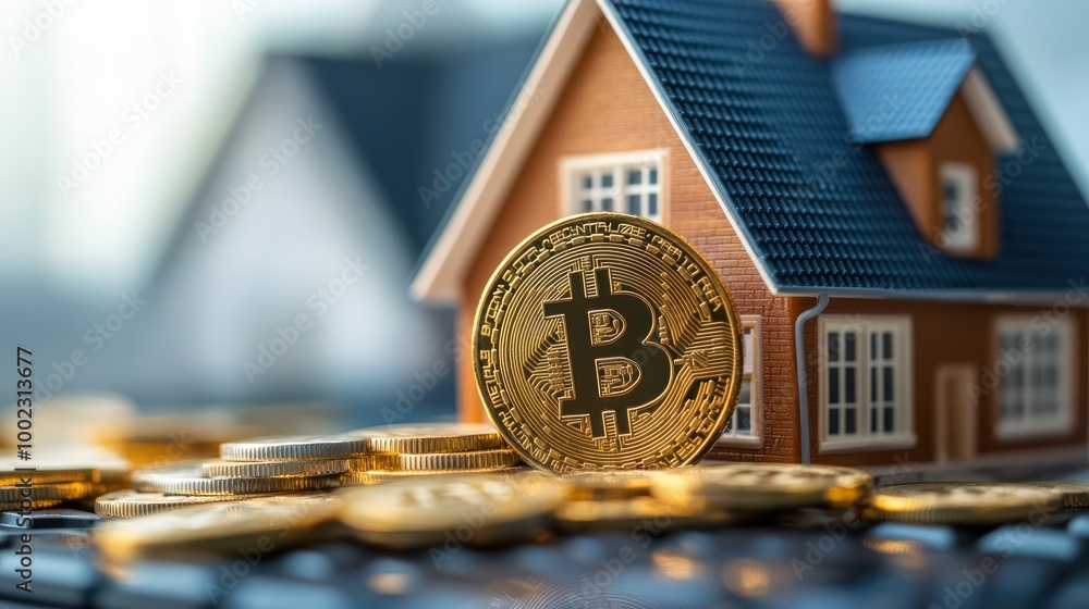 Poster Golden Bitcoin Coin Resting on a Stack of Coins with a Miniature House in the Background